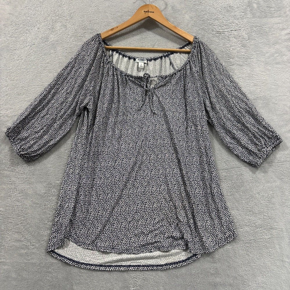 Old Navy Top Blouse Women Large Peasant Floral Blue Balloon Sleeve NWT Tie